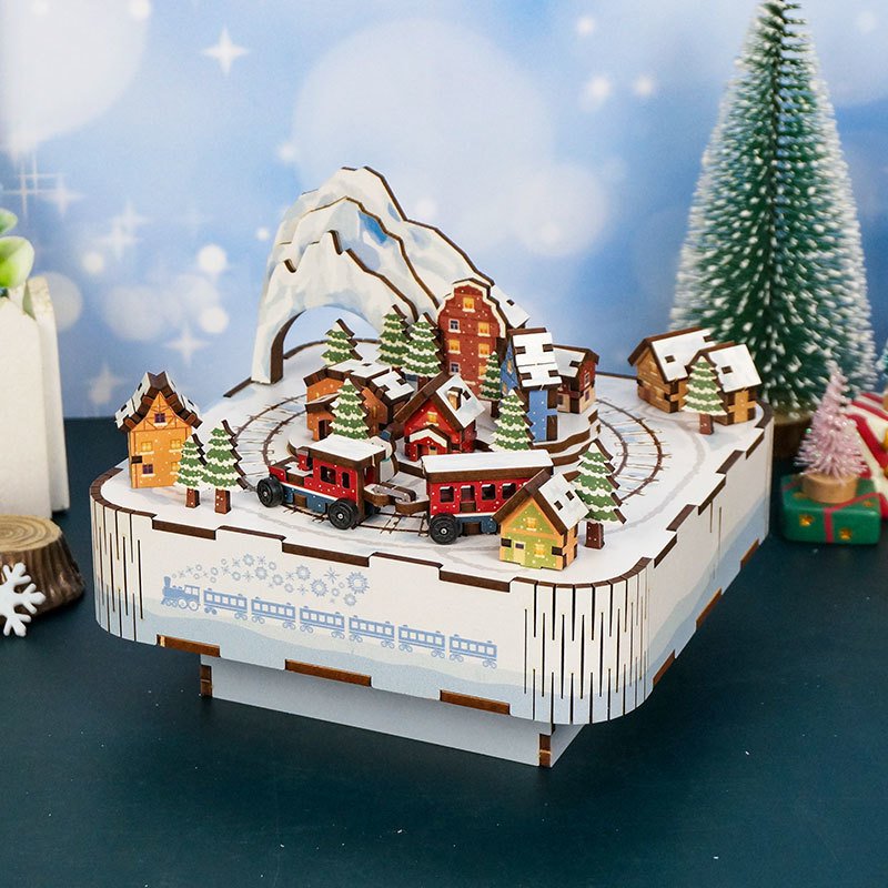 Muziekdoosje DIY 3D Houten Puzzel, Snow Train, Tone-Cheer, TQ058, 14x14x12,2cm