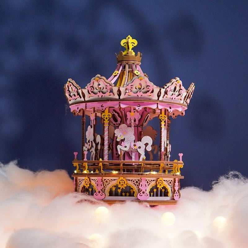 3D Muziekdoos houten puzzel 'romantic carousel dream version' met LED, zelf te monteren