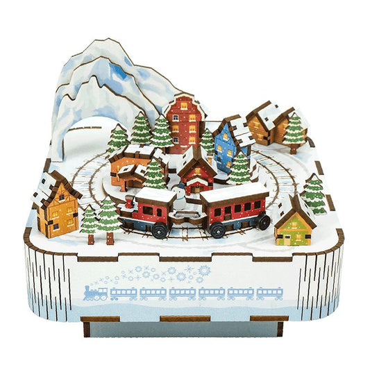 Muziekdoosje DIY 3D Houten Puzzel, Snow Train, Tone-Cheer, TQ058, 14x14x12,2cm