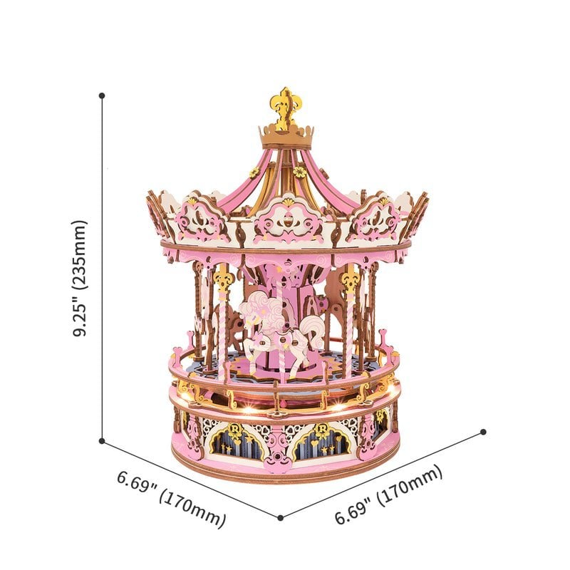 3D Muziekdoos houten puzzel 'romantic carousel dream version' met LED, zelf te monteren