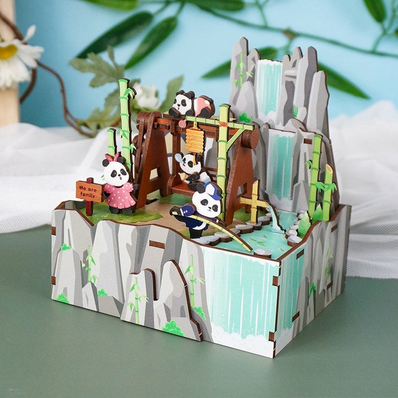 Muziekdoosje DIY 3D Houten Puzzel, Panda's Home, Tone-Cheer, TQ057, 13x10,3x13,8cm