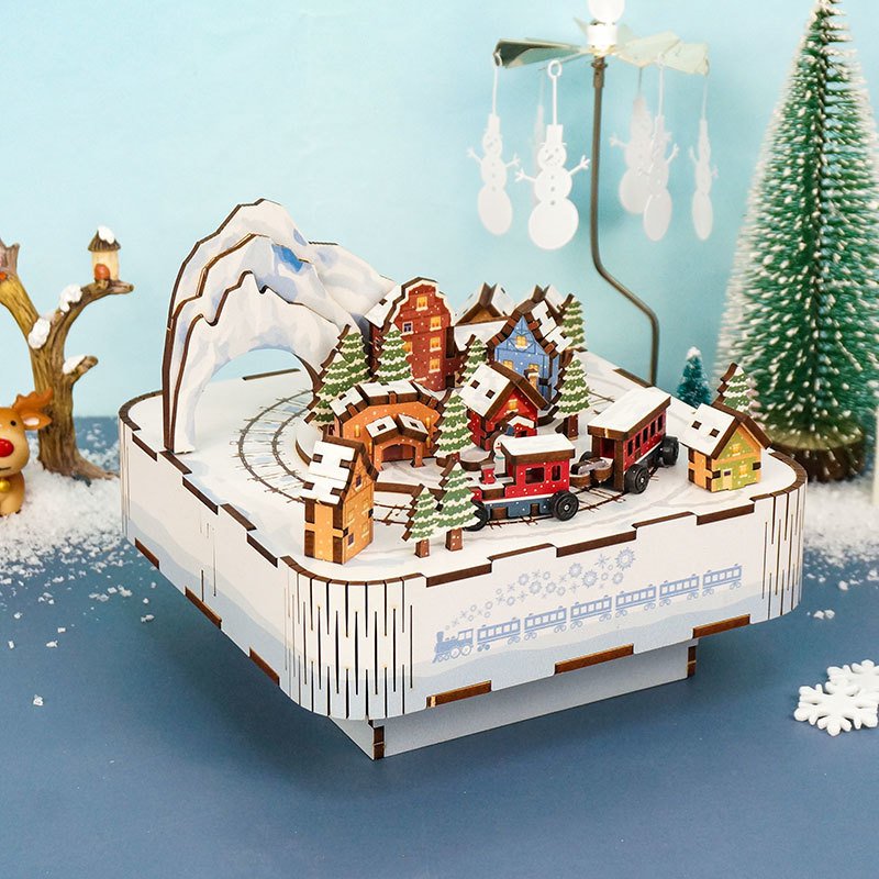 Muziekdoosje DIY 3D Houten Puzzel, Snow Train, Tone-Cheer, TQ058, 14x14x12,2cm