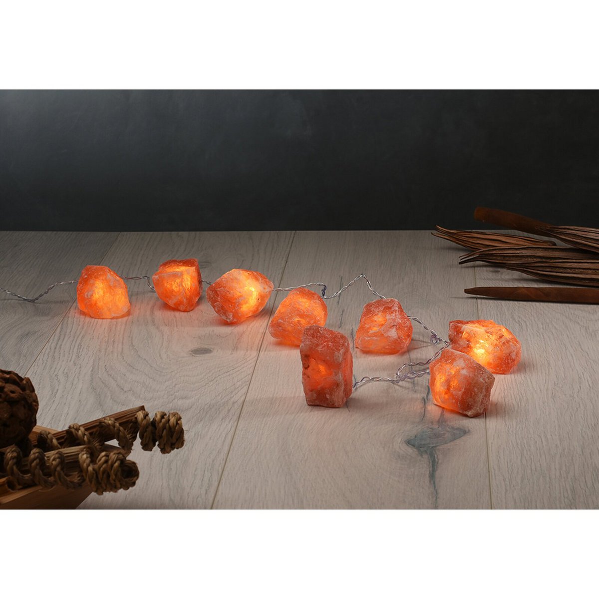 Himalaya Salt Dreams, Zoutbrokken Lichtsnoer op Batterij, Rock, 8 stuks, 44534, Oranje