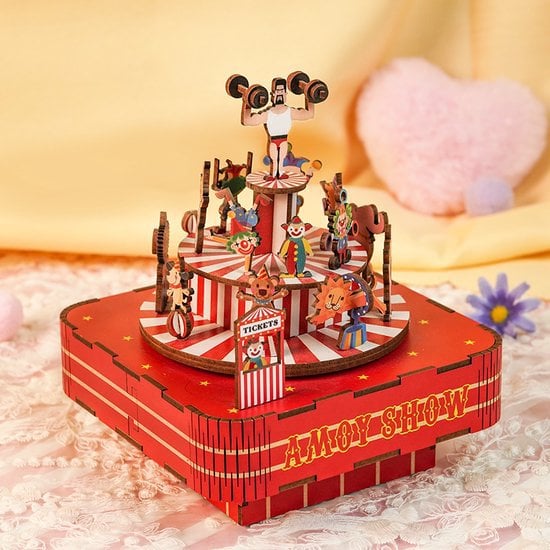 Muziekdoosje DIY 3D Houten Puzzel Circus Troupe Tone-Cheer, TQ047, 14x14x16cm