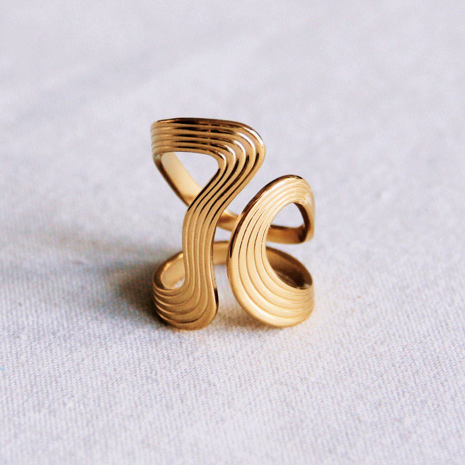 RVS Statement Retro gestreepte XL ring - goud