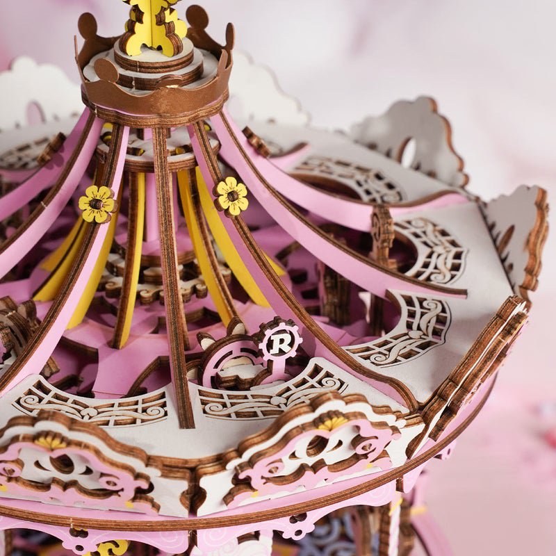 3D Muziekdoos houten puzzel 'romantic carousel dream version' met LED, zelf te monteren