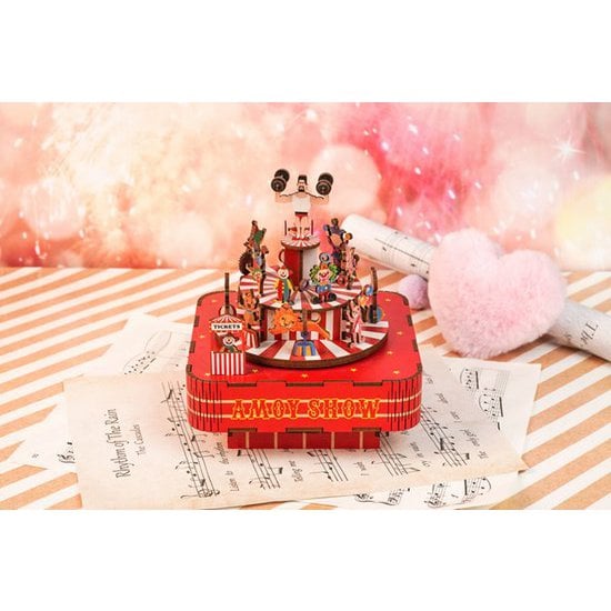 Muziekdoosje DIY 3D Houten Puzzel Circus Troupe Tone-Cheer, TQ047, 14x14x16cm