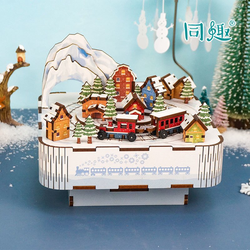 Muziekdoosje DIY 3D Houten Puzzel, Snow Train, Tone-Cheer, TQ058, 14x14x12,2cm