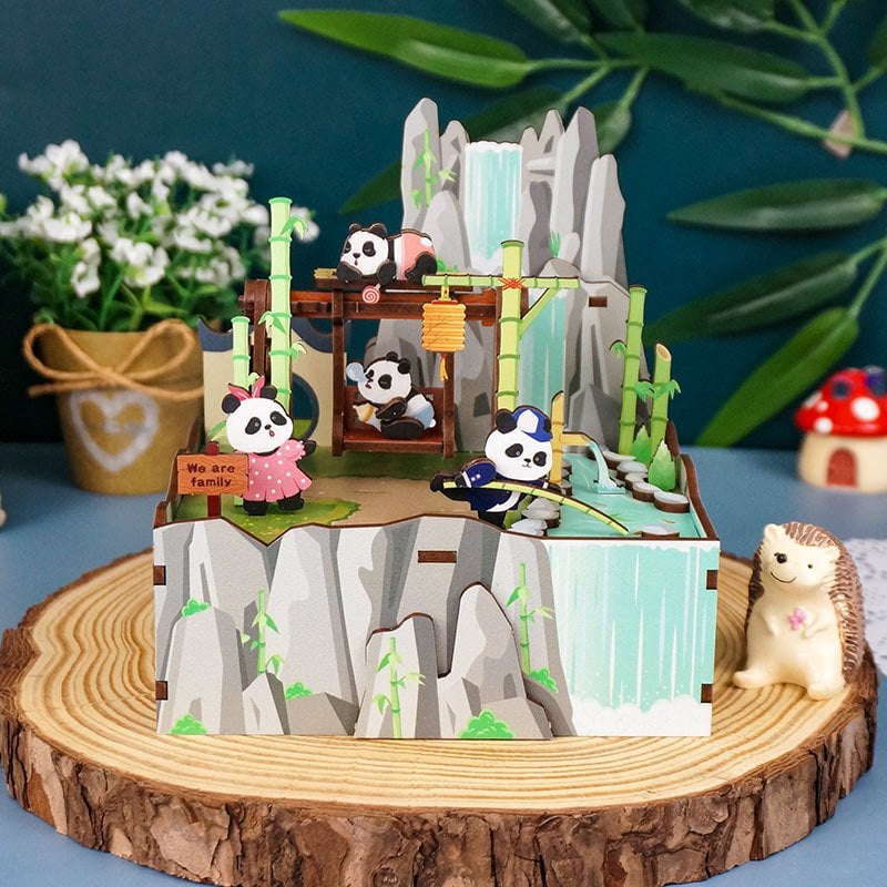 Muziekdoosje DIY 3D Houten Puzzel, Panda's Home, Tone-Cheer, TQ057, 13x10,3x13,8cm