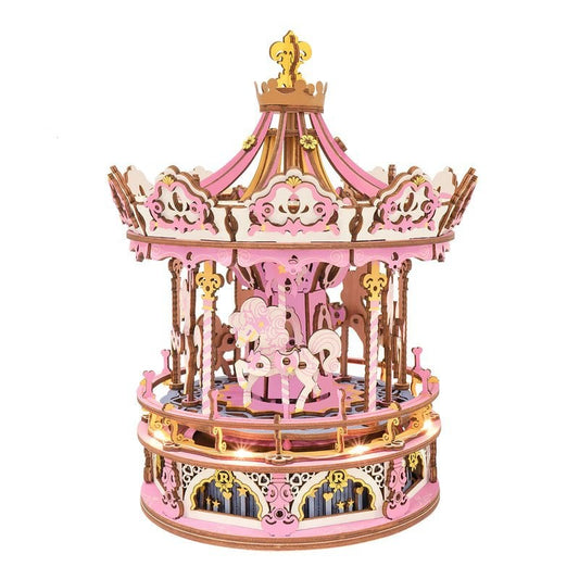 3D Muziekdoos houten puzzel 'romantic carousel dream version' met LED, zelf te monteren