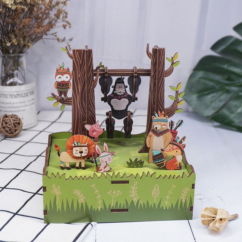 Muziekdoosje DIY 3D Houten Puzzel Jungle Games Tone-Cheer, TQ050, 10,3x10,5x15,5cm