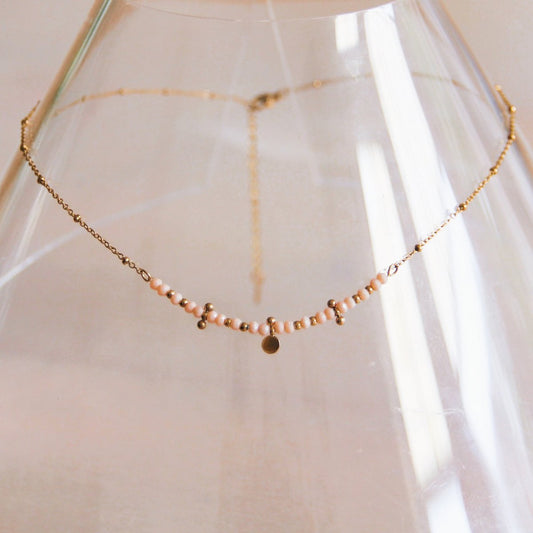 RVS Fijne ketting met mini facetten en kralen - nude/goud