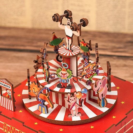 Muziekdoosje DIY 3D Houten Puzzel Circus Troupe Tone-Cheer, TQ047, 14x14x16cm