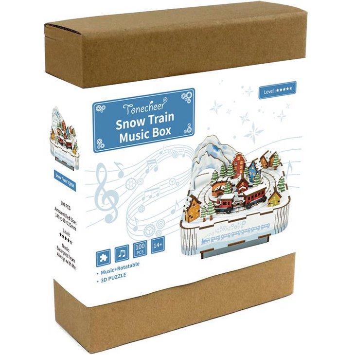 Muziekdoosje DIY 3D Houten Puzzel, Snow Train, Tone-Cheer, TQ058, 14x14x12,2cm