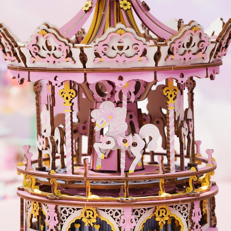 3D Muziekdoos houten puzzel 'romantic carousel dream version' met LED, zelf te monteren