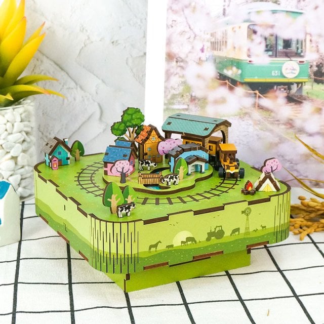 Muziekdoosje DIY 3D Houten Puzzel, Singing In The Meadow, Tone-Cheer, TQ059, 14x14x9,6cm