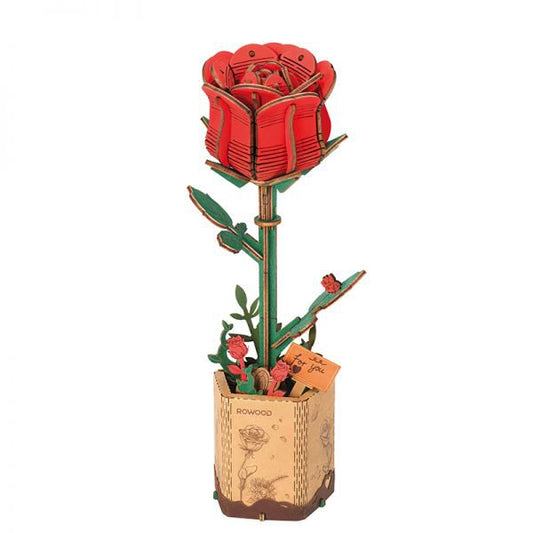 DIY Houten Bloem Red Rose, Rode Roos, Robotime, TW042, 8,5x6,5x21cm