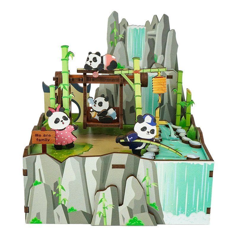 Muziekdoosje DIY 3D Houten Puzzel, Panda's Home, Tone-Cheer, TQ057, 13x10,3x13,8cm