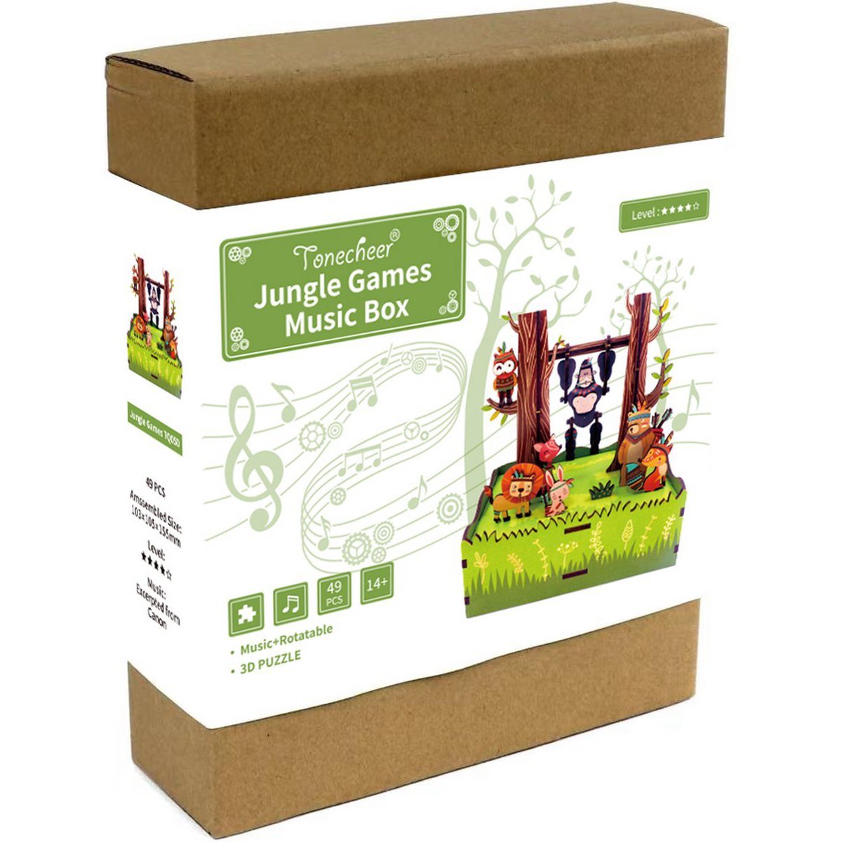 Muziekdoosje DIY 3D Houten Puzzel Jungle Games Tone-Cheer, TQ050, 10,3x10,5x15,5cm