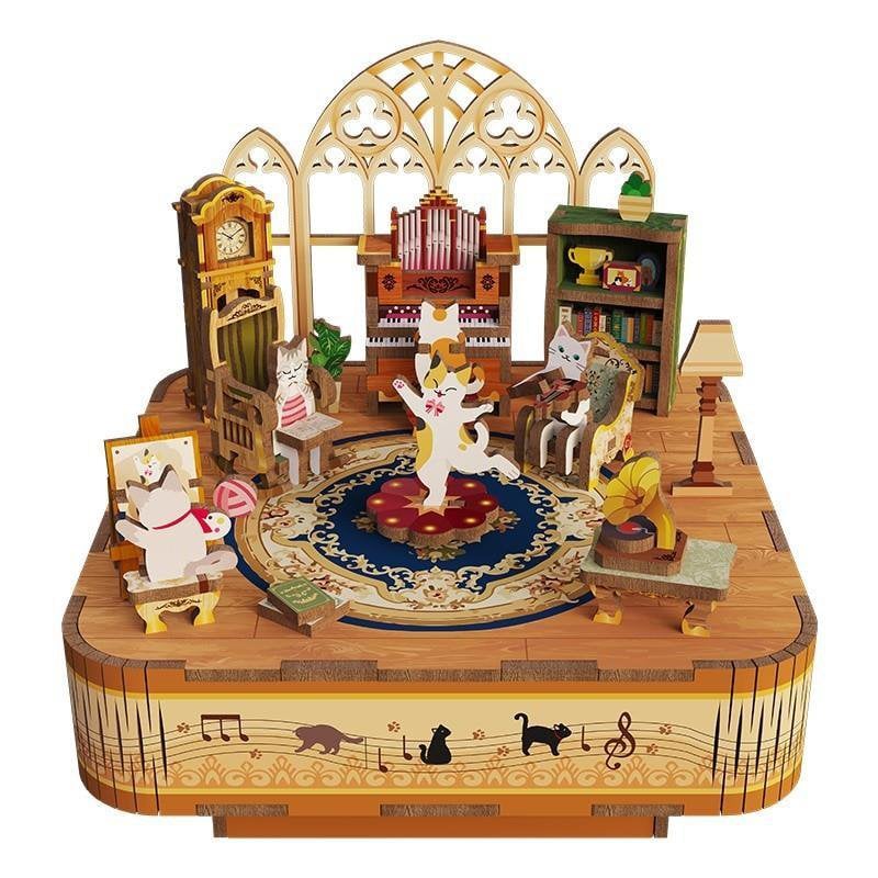 Muziekdoosje DIY 3D Houten Puzzel, Cat's Family, Tone-Cheer, TQ065, 14x14x13,9cm